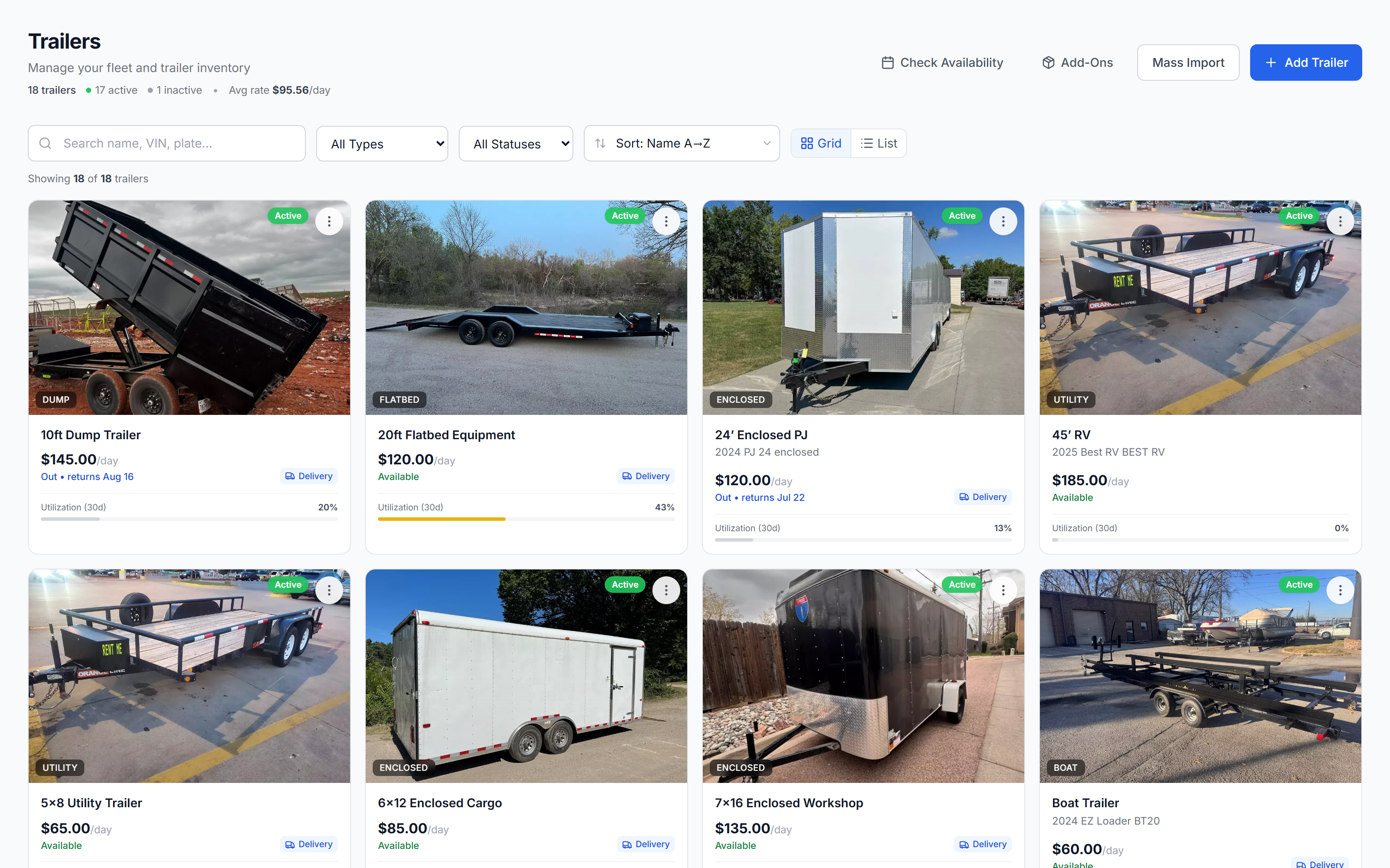 One trailer card — 20ft Flatbed Equipment, $120/day, 43% utilization